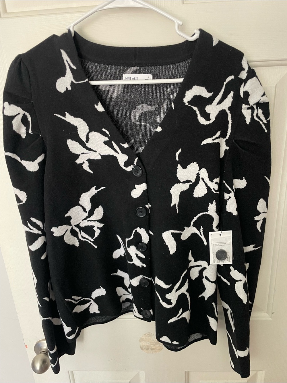 Nine West Black & White Floral Knit Cardigan